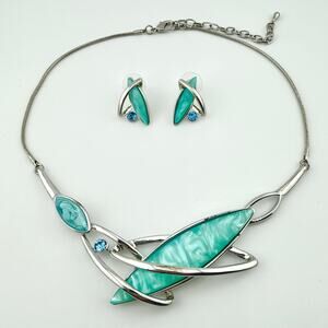 Art Deco Style Necklace and Earrings Jewelry Set - Aqua Geometric Space Theme